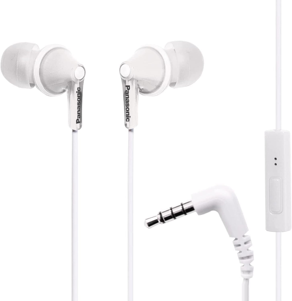 Panasonic ErgoFit earbuds with white finish and inline microphone for calls.