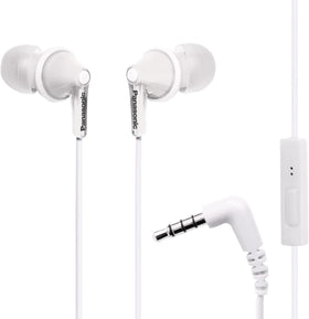 Panasonic ErgoFit earbuds with white finish and inline microphone for calls.