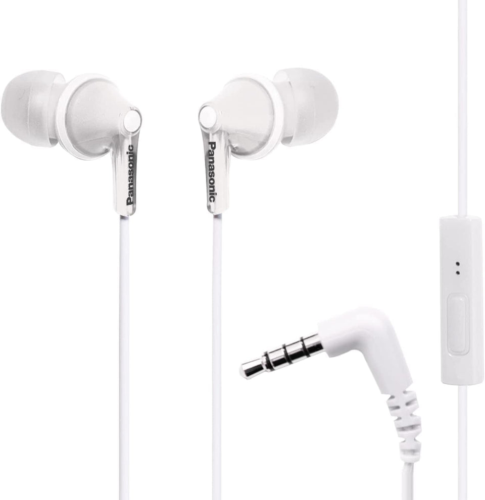 Panasonic ErgoFit earbuds with white finish and inline microphone for calls.