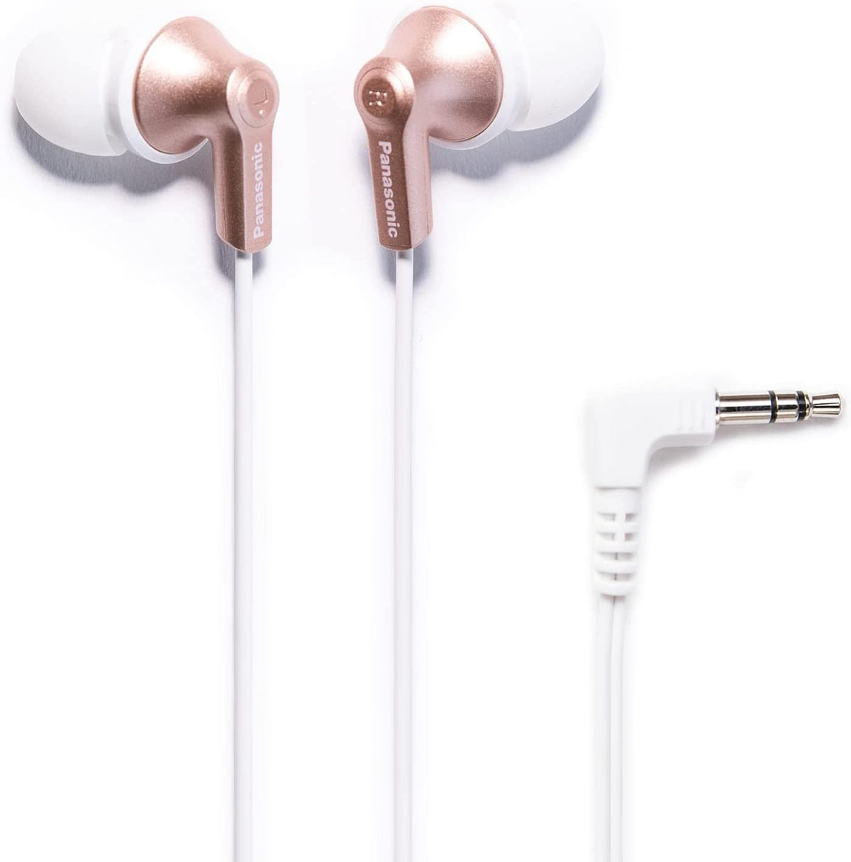 Panasonic ErgoFit RP-HJE120 rose gold earbuds front view for portable daily listening