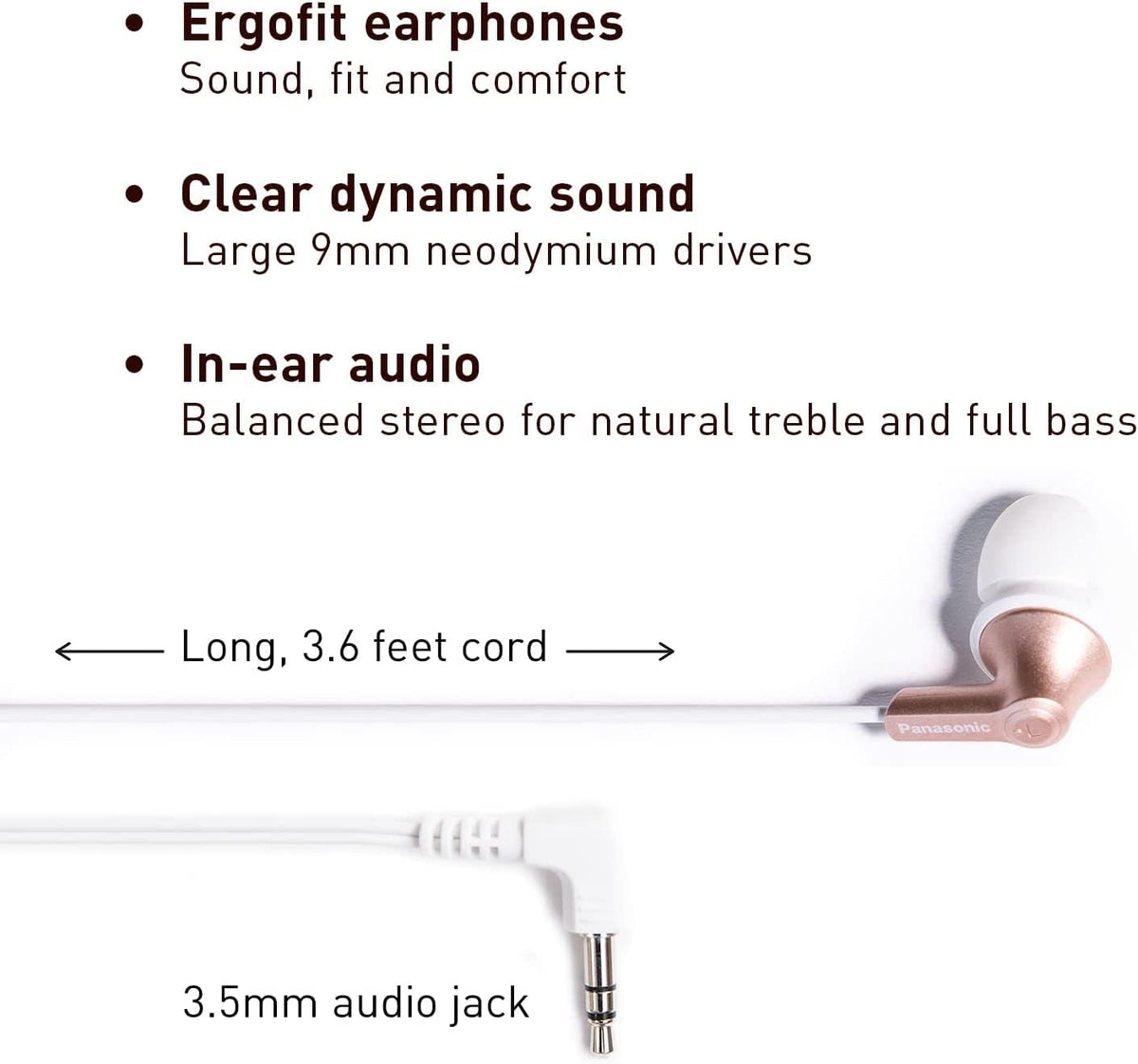 Panasonic ErgoFit RP-HJE120 rose gold earbuds side view for on the go comfort