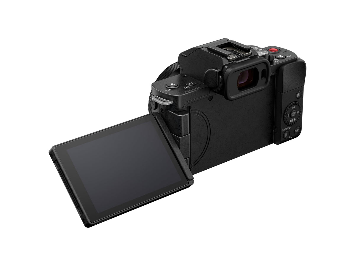 Panasonic LUMIX G100 front-view highlights lightweight body ideal for handheld vlogging.