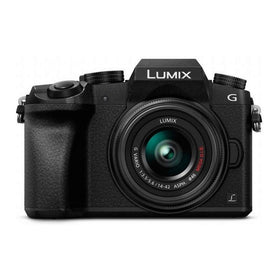 Panasonic Lumix G7 front view highlights compact body for travel-ready photography.