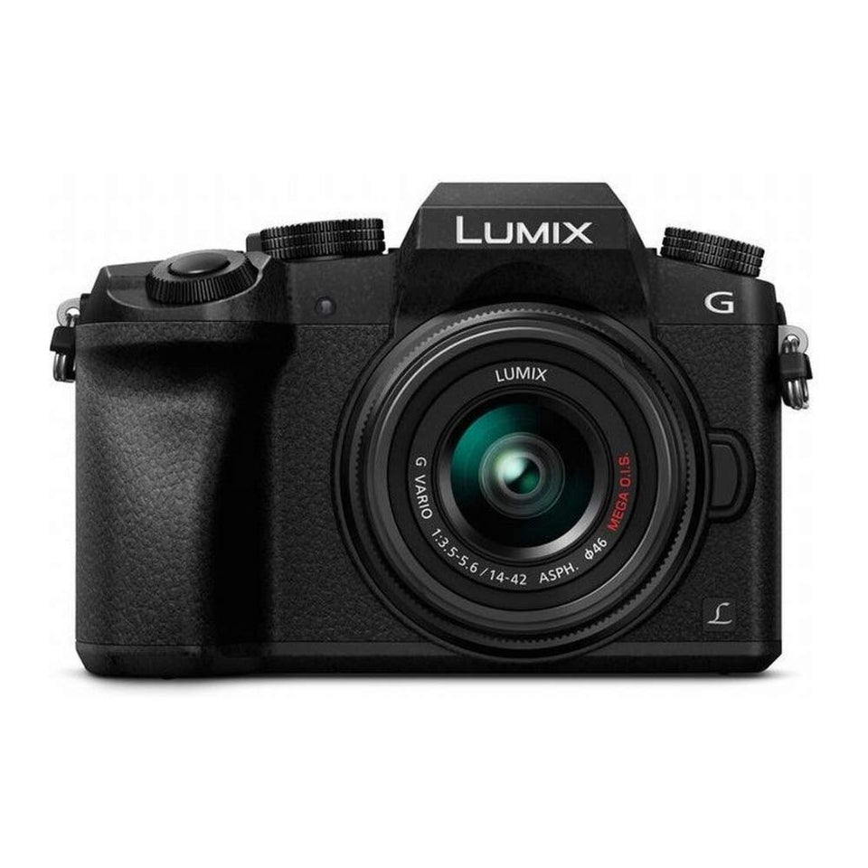 Panasonic Lumix G7 front view highlights compact body for travel-ready photography.