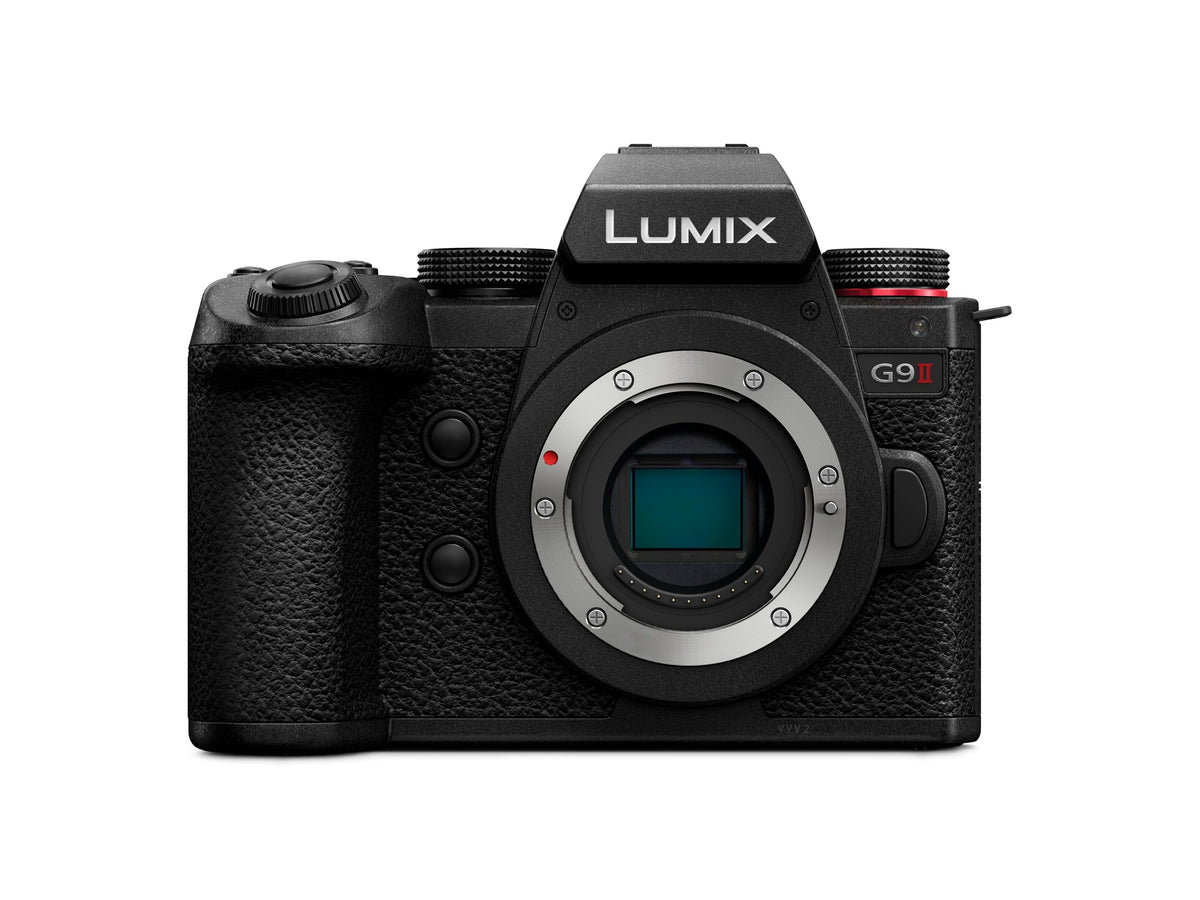 Panasonic LUMIX G9II front view shows a compact design ideal for travel photography.