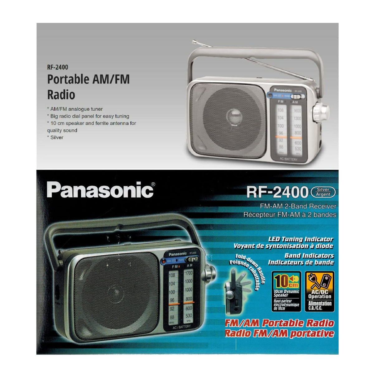 Panasonic RF-2400D on a picnic table in camping scene for emergency and outdoor use