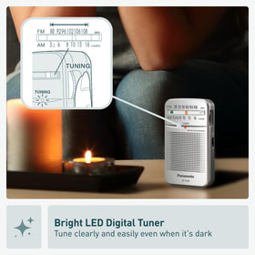 Panasonic RF-P50D compact speaker delivers clear audio for ball games or weather updates.