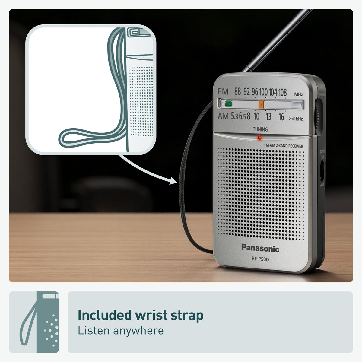 Panasonic RF-P50D portable radio fits in a pocket for quick access anywhere.