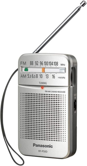 Panasonic RF-P50D pocket radio front view for easy on-the-go listening in any weather.