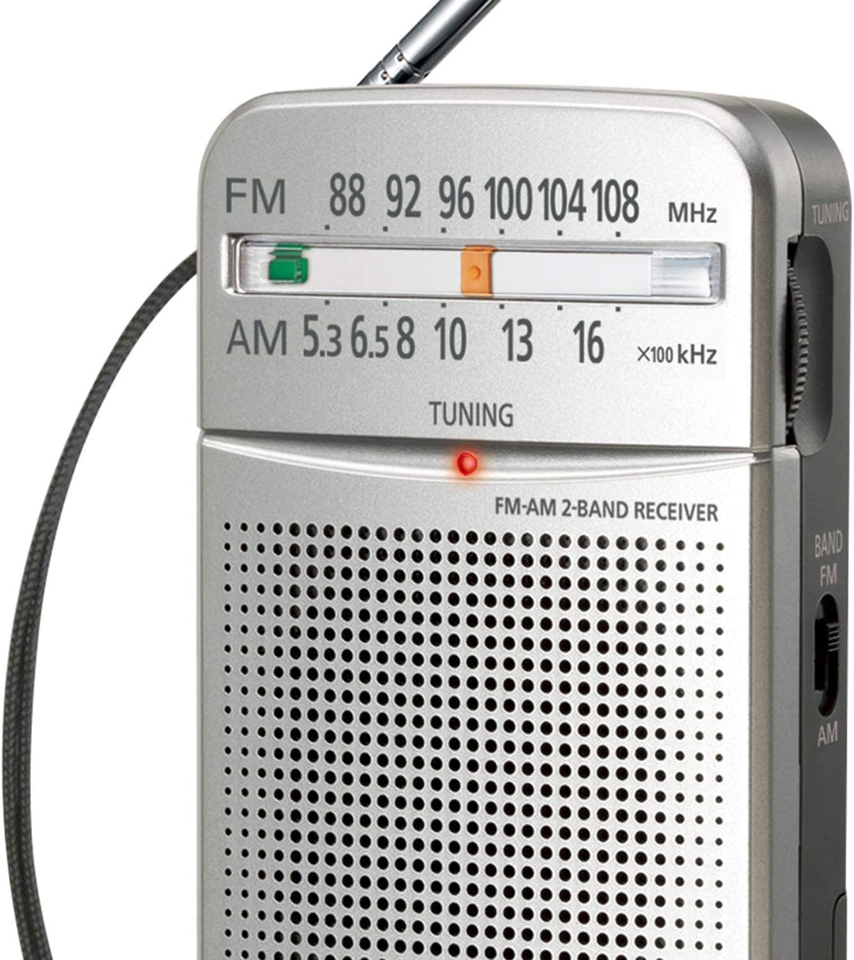 Panasonic RF-P50D slide-rule tuning dial enables quick one-finger station changes.