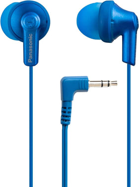 Panasonic RP-HJE120-AA ErgoFit earbuds in metallic blue close-up showing secure in-ear design for workouts
