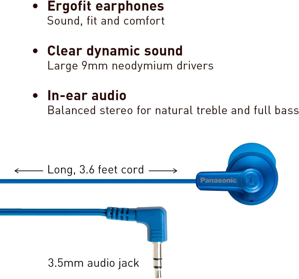 Panasonic ErgoFit earbuds metallic blue in-ear fit demonstrates all-day comfort