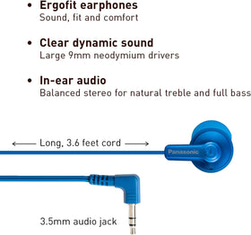 Panasonic ErgoFit earbuds metallic blue in-ear fit demonstrates all-day comfort