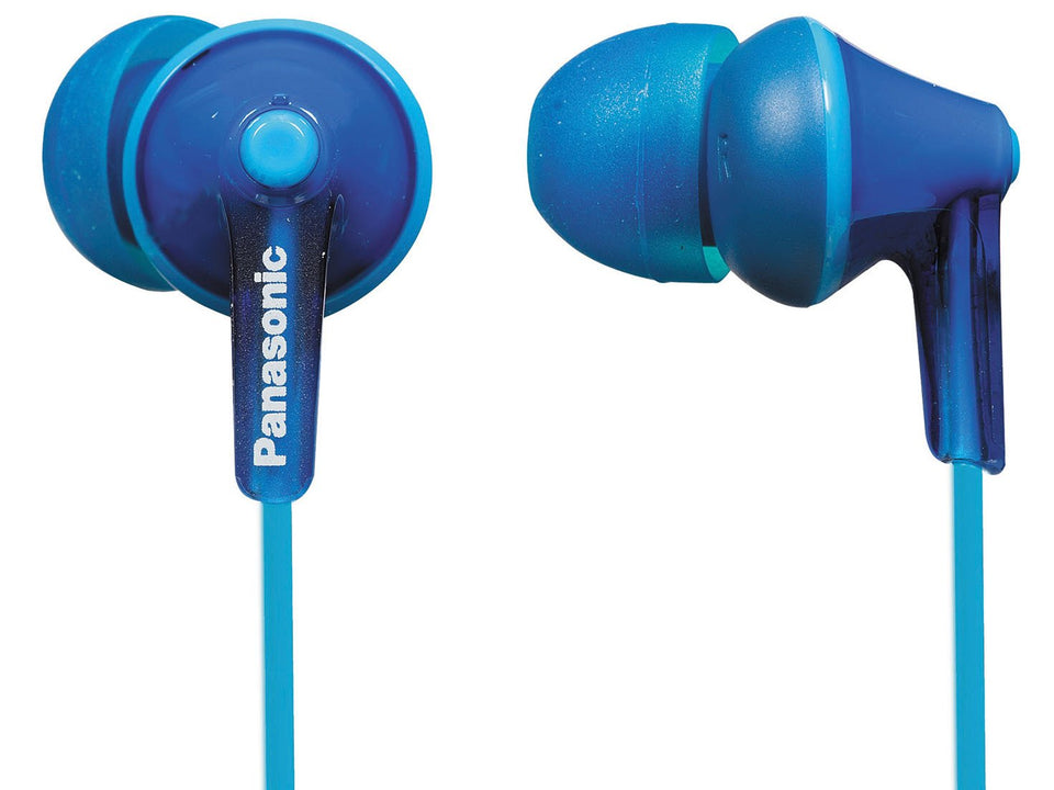 Panasonic RP-HJE125-A earbuds front view in blue showing compact design and comfortable fit