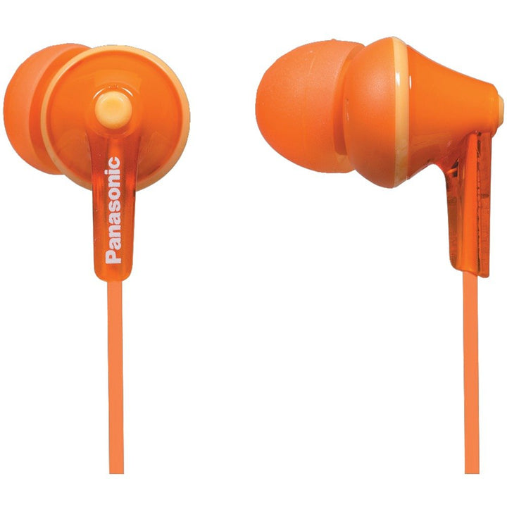 Panasonic RP-HJE125E front view showing orange earbuds and ergonomic fit for comfortable listening