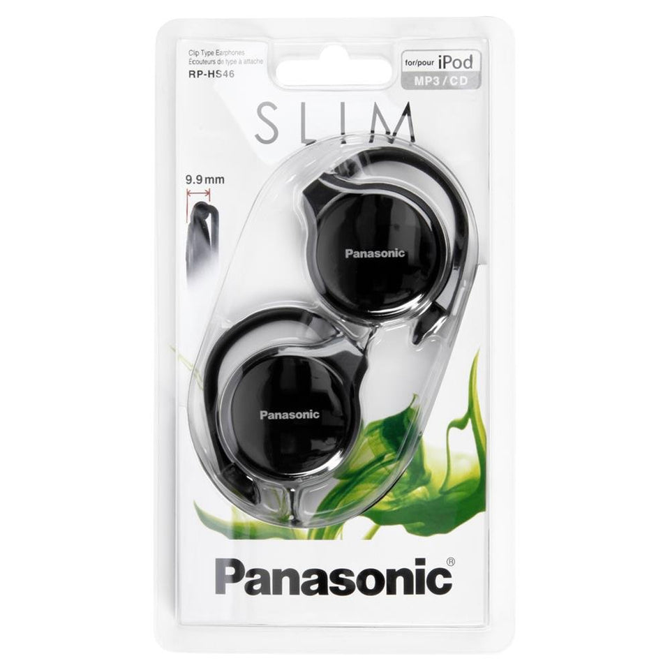 Panasonic RP-HS46EK black slim clip-on earphones with secure ergonomic fit for daily listening