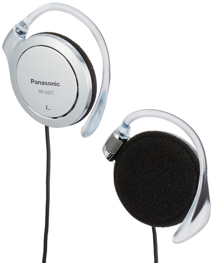 Panasonic RP-HZ47-S silver clip headphones viewed from the side for secure everyday listening.