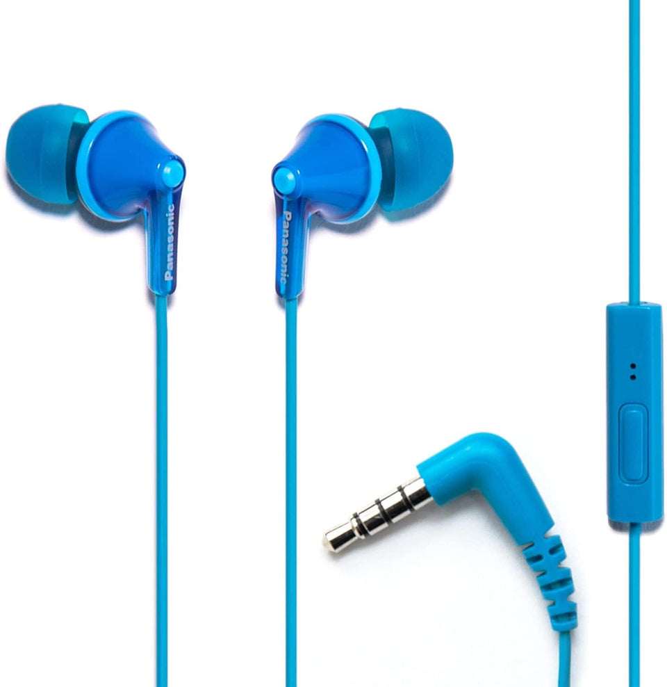 Panasonic ErgoFit front view showing blue earbuds and plug, clear compact design