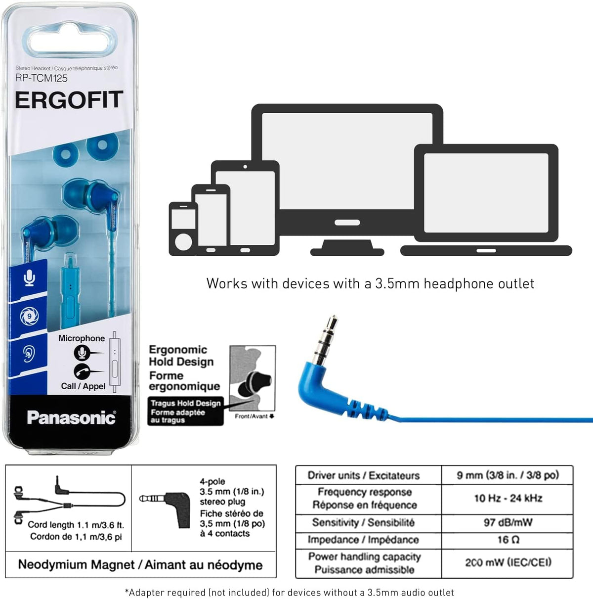 Panasonic ErgoFit retail packaging and label displaying model RP-TCM125 and features