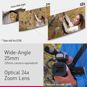 Panasonic X2100 HYBRID O.I.S. stabilizes handheld footage.