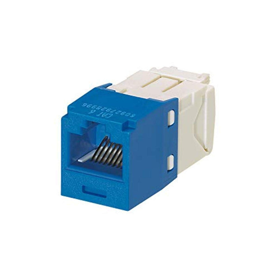 Panduit CJ688TGBU-24 Mini-Com TX6 Plus jack module in blue, tool-less installation for fast networks.