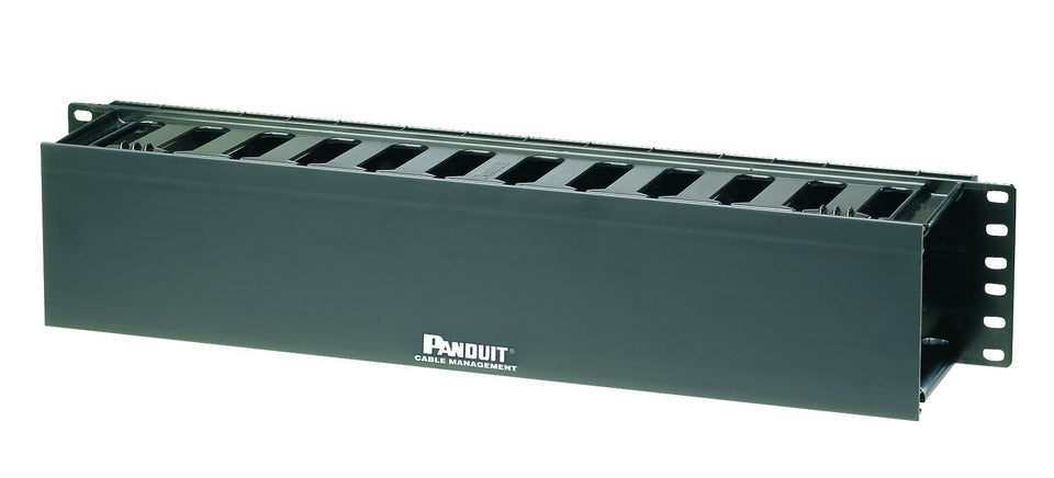 Panduit WMPF1E front cover closed showing neat cable protection and quick access