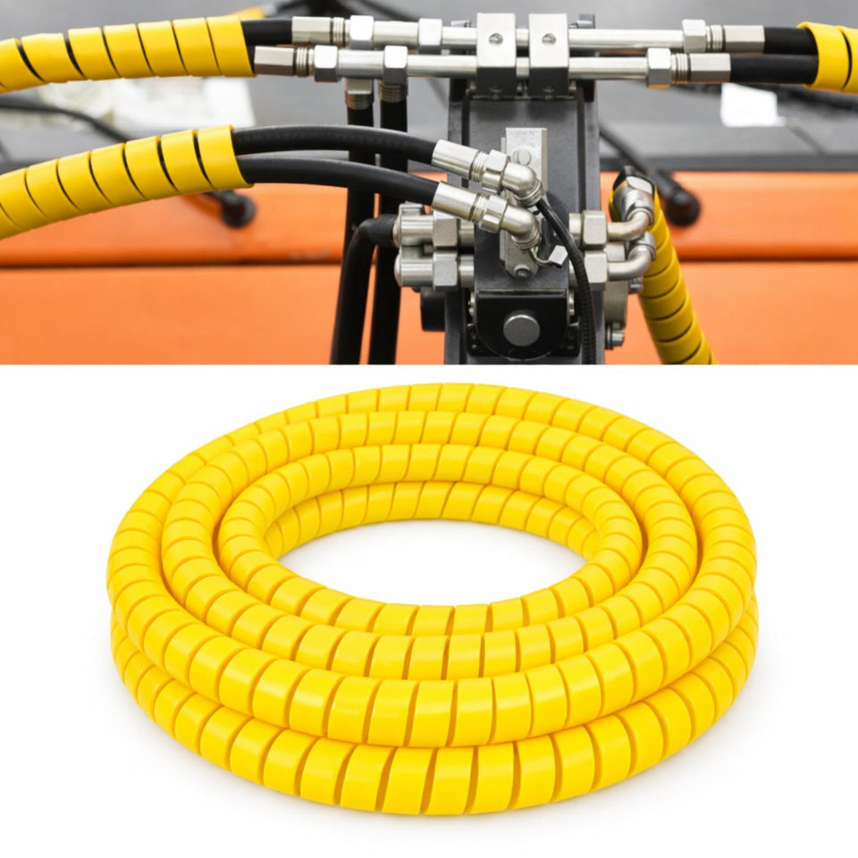 Pangda 25ft spiral hose protector in yellow protects hydraulic hoses from abrasion.