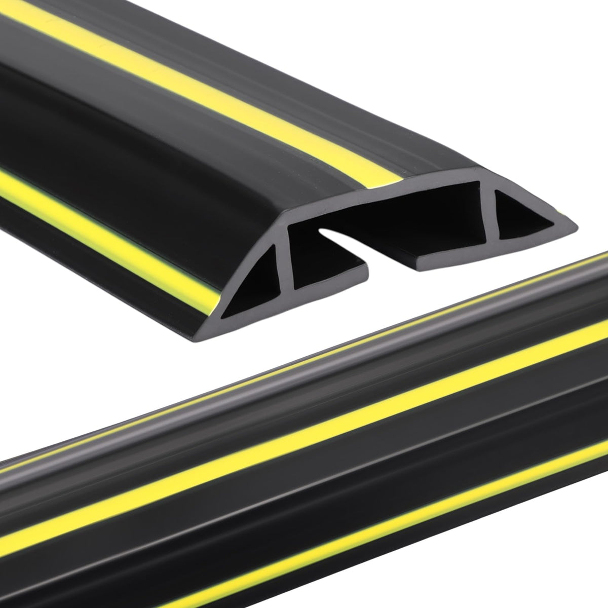 Pangda 30ft floor cable cover in black and yellow; complete view showing organized cables