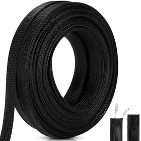 Pangda 50 ft expandable braided sleeve protecting TV cables in black.