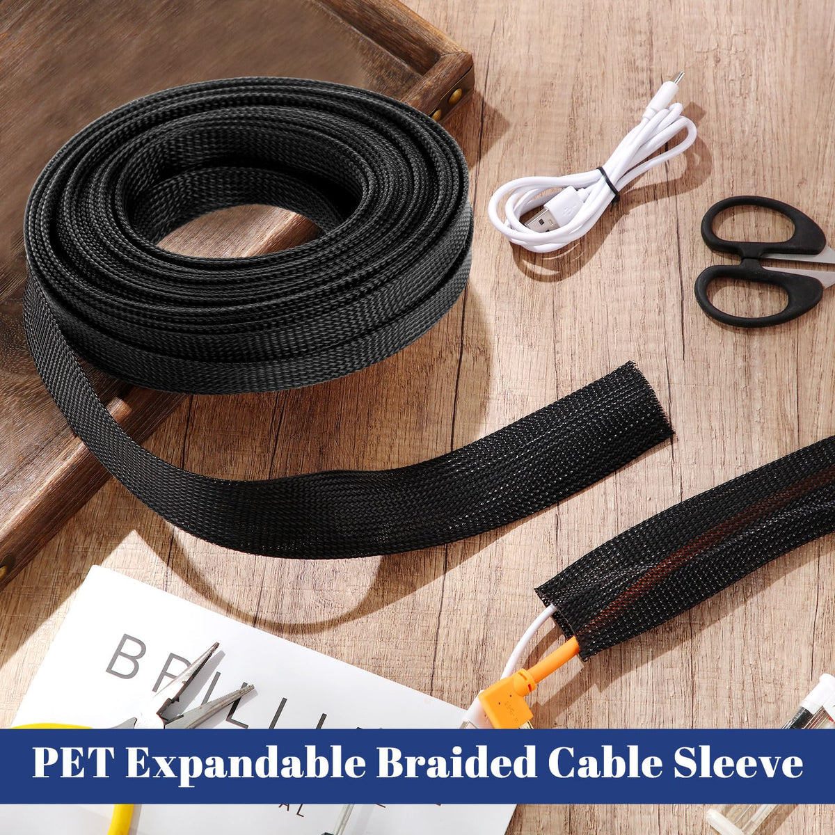 Pangda cable management sleeve for office and home theater cables in black.