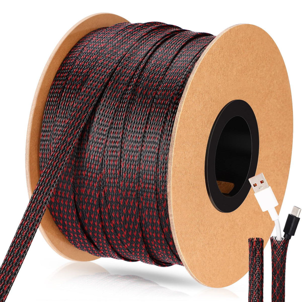 Pangda expandable braided sleeve protects cables with a sleek black-red weave.