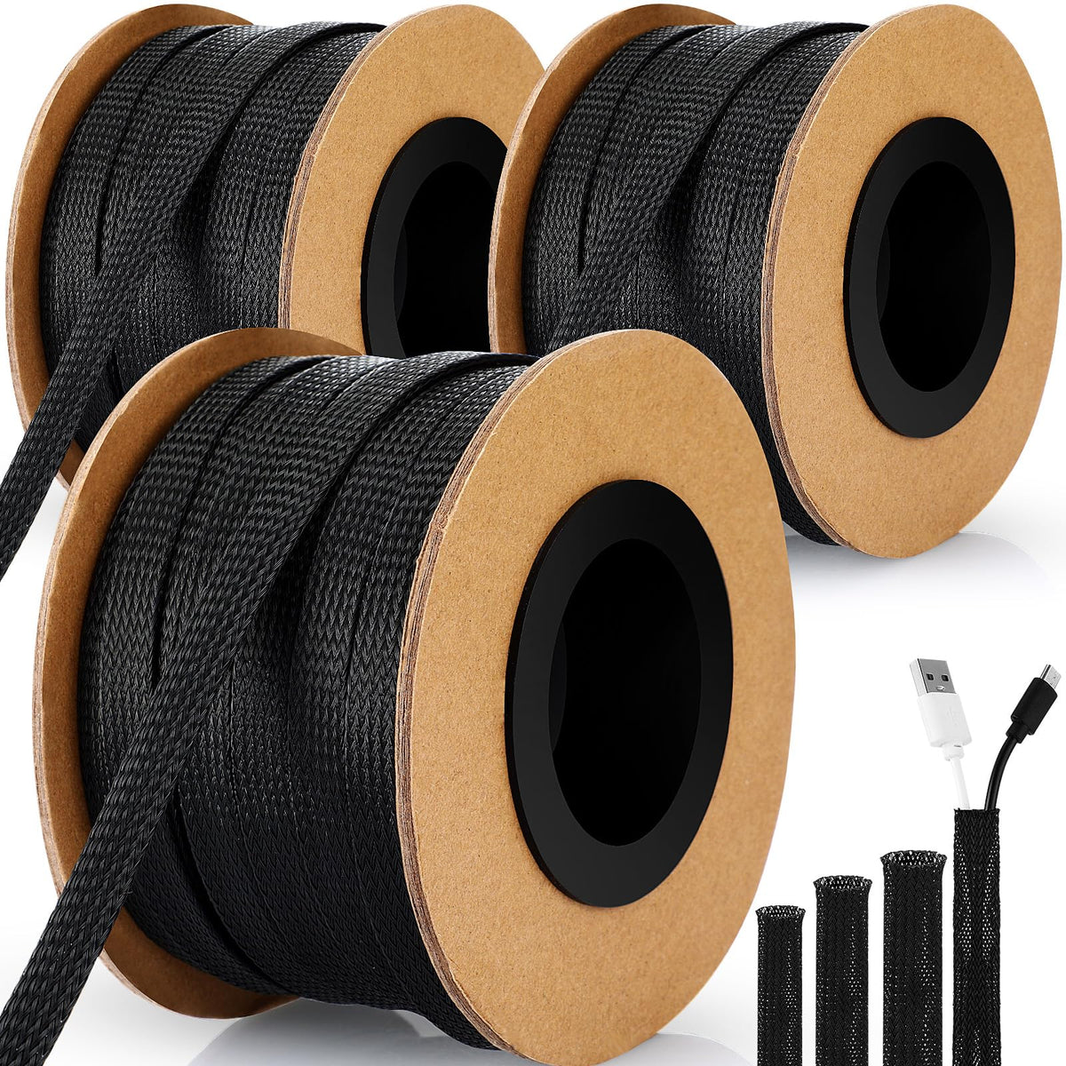 Pangda front packaging showing 450 feet of black expandable braided sleeving, neat storage benefit