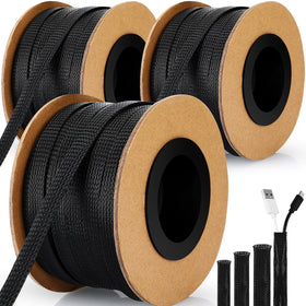 Pangda front packaging showing 450 feet of black expandable braided sleeving, neat storage benefit