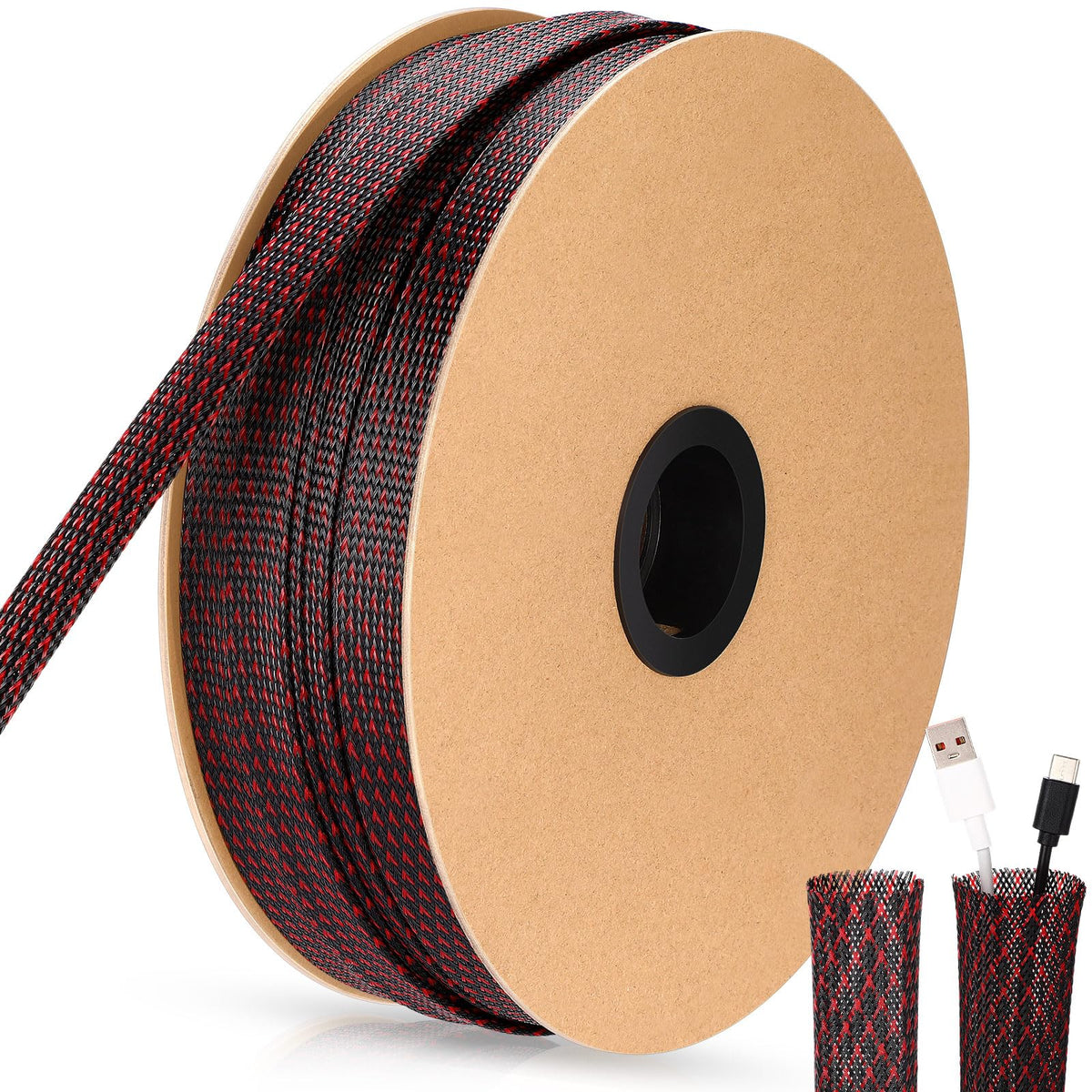 Pangda front view of black red expandable cable sleeve shows tidy visual appeal