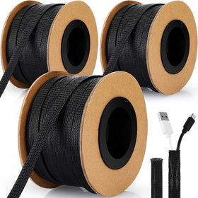 Pangda front view of black braided sleeving showing product roll and label benefit: long-length cable protection