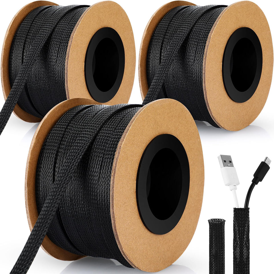 Pangda front view of black braided sleeving showing product roll and label benefit: long-length cable protection