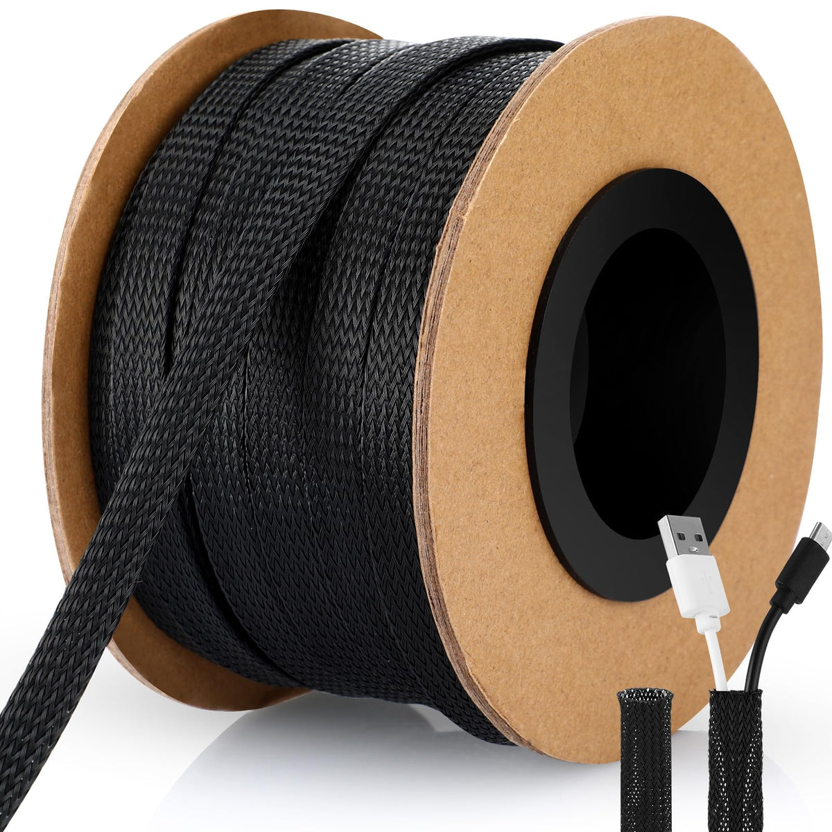 Pangda braided sleeving roll front view showing length and black finish for tidy cables