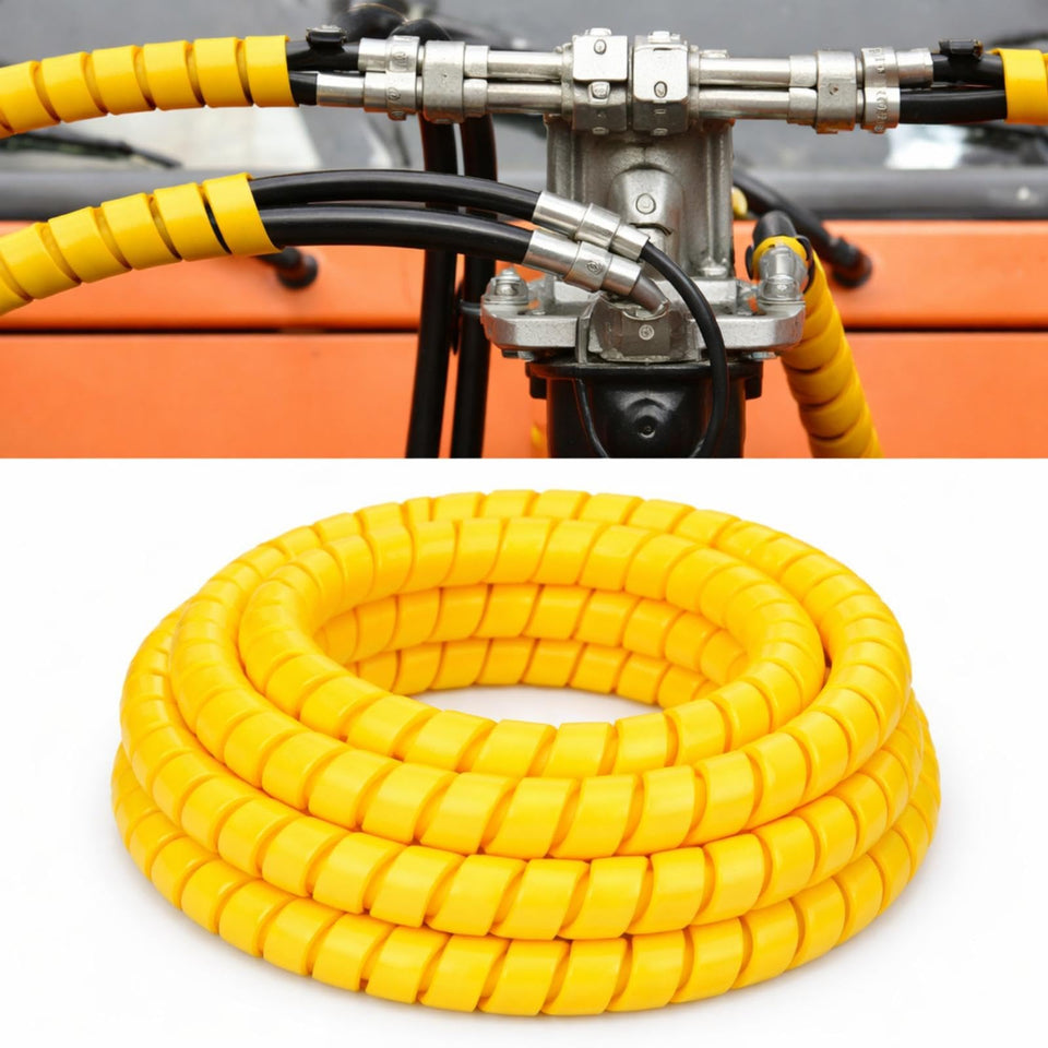 Pangda yellow spiral-wrap hose protector covers hydraulic hoses for protection.