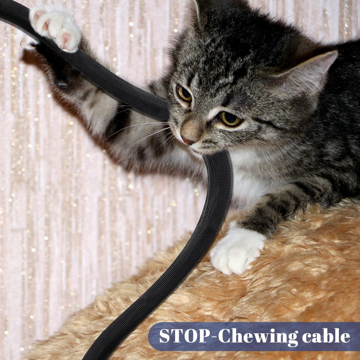 Pangda wire loom keeps TV and PC wiring organized in black.