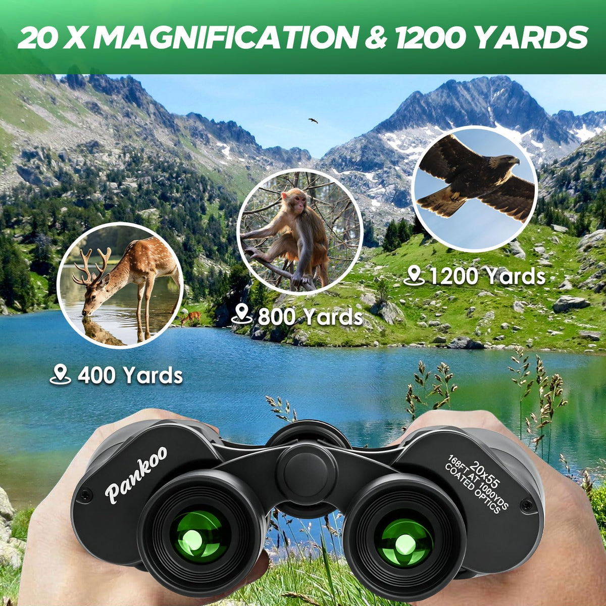Pankoo 20x55 binoculars optimized for low-light viewing with bright clarity