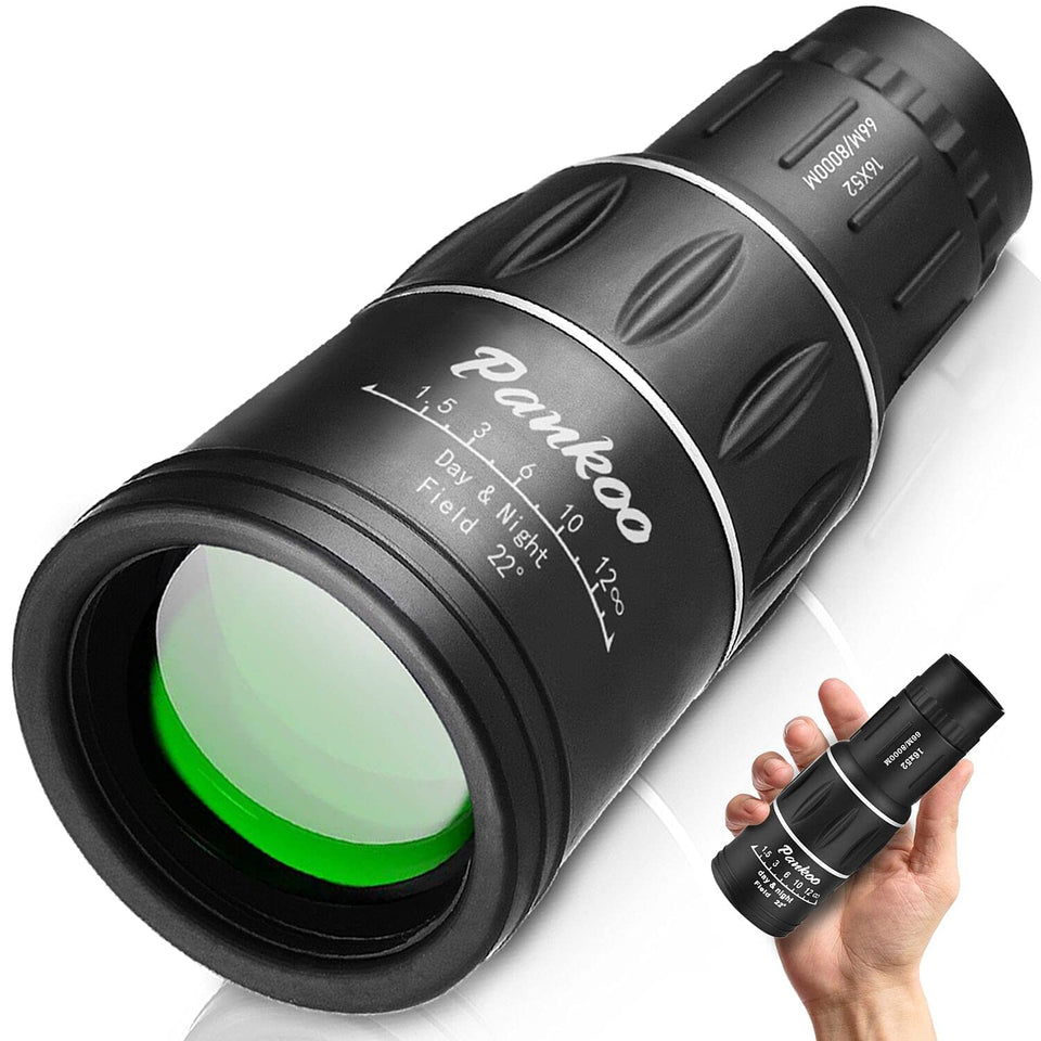 Pankoo monocular front view showing compact body and eyepiece benefit portability