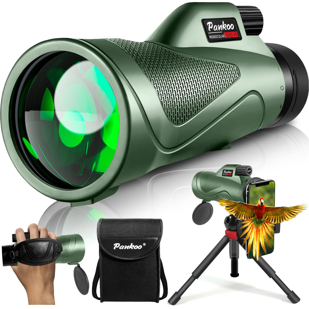 Pankoo monocular front view showing compact body and focus controls for steady observation