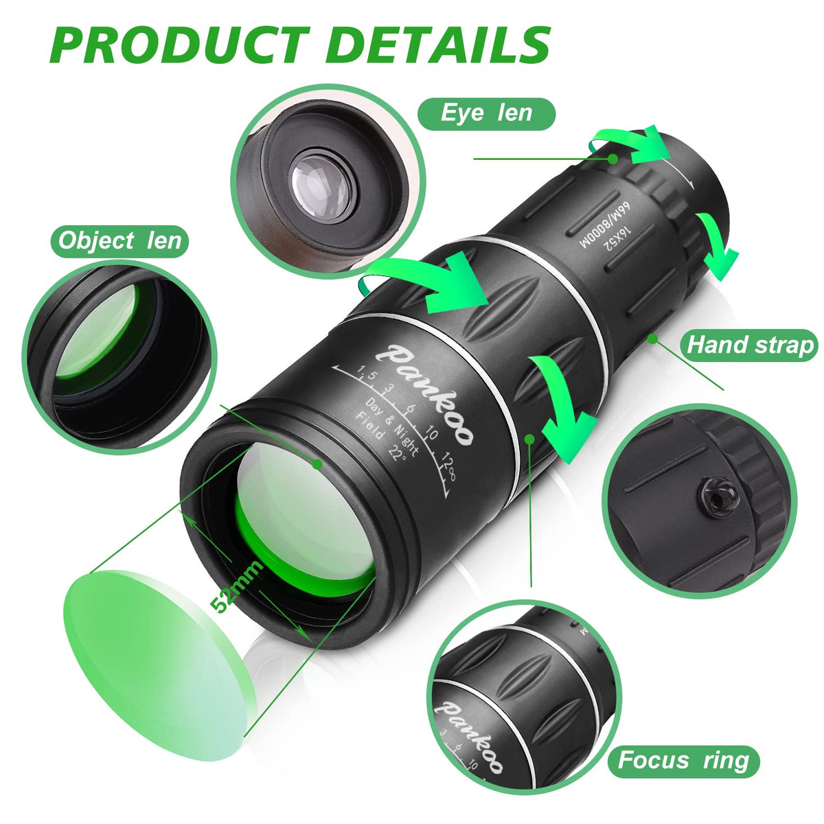 Pankoo lens close-up showing 52mm objective and coatings for brighter images