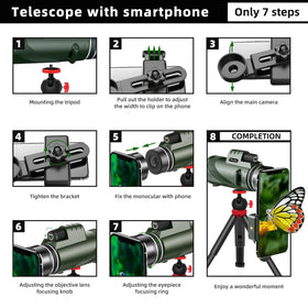 Pankoo monocular with smartphone mounted demonstrating easy photo and video capture
