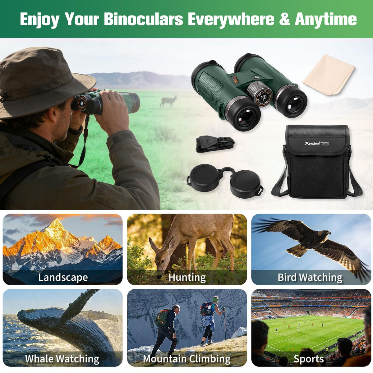 Pankoo travel-ready binoculars ideal for hunting camping cruises and bird watching on the go.