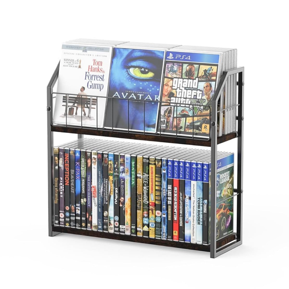 PAPAGIFTREE 2-tier rack shows durable steel frame and wood shelves for organized media