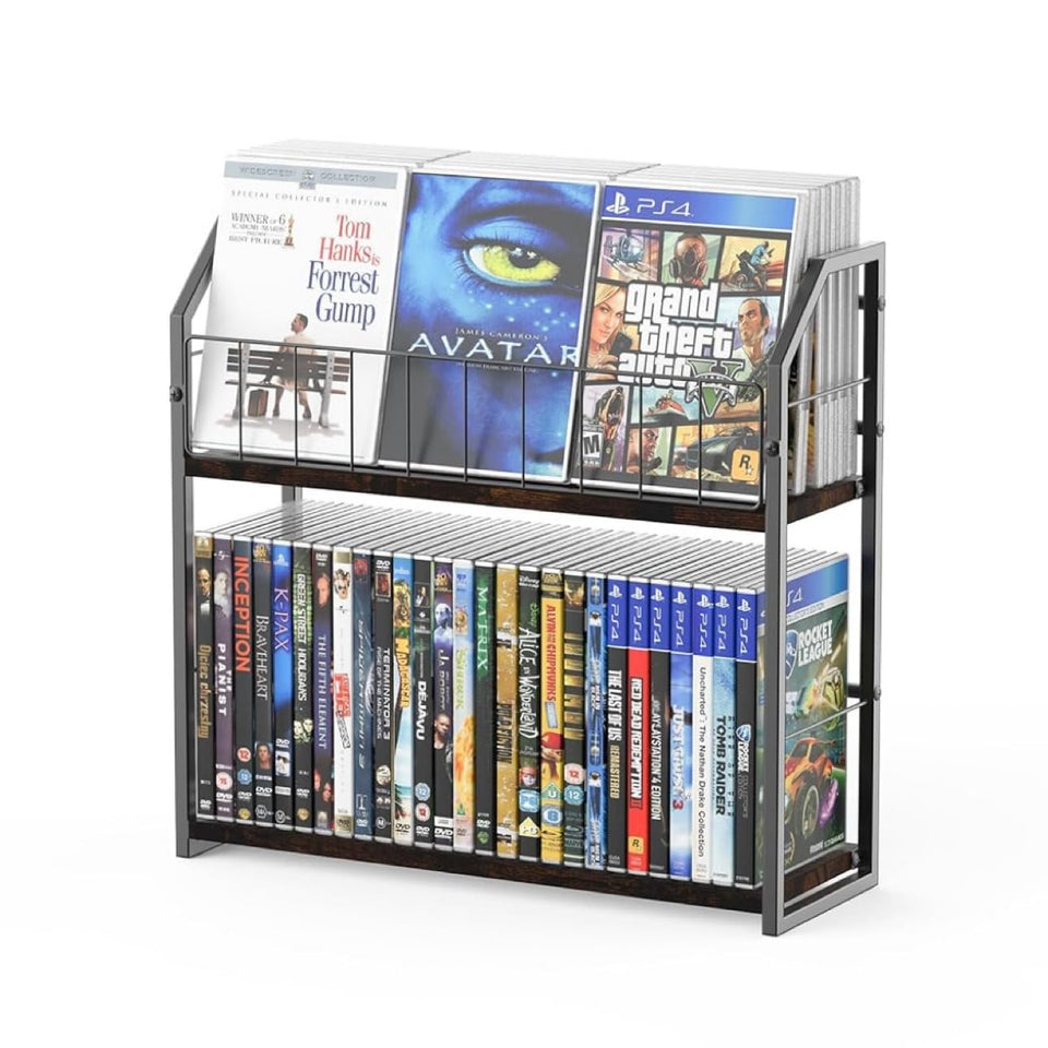 PAPAGIFTREE 2-tier rack shows durable steel frame and wood shelves for organized media