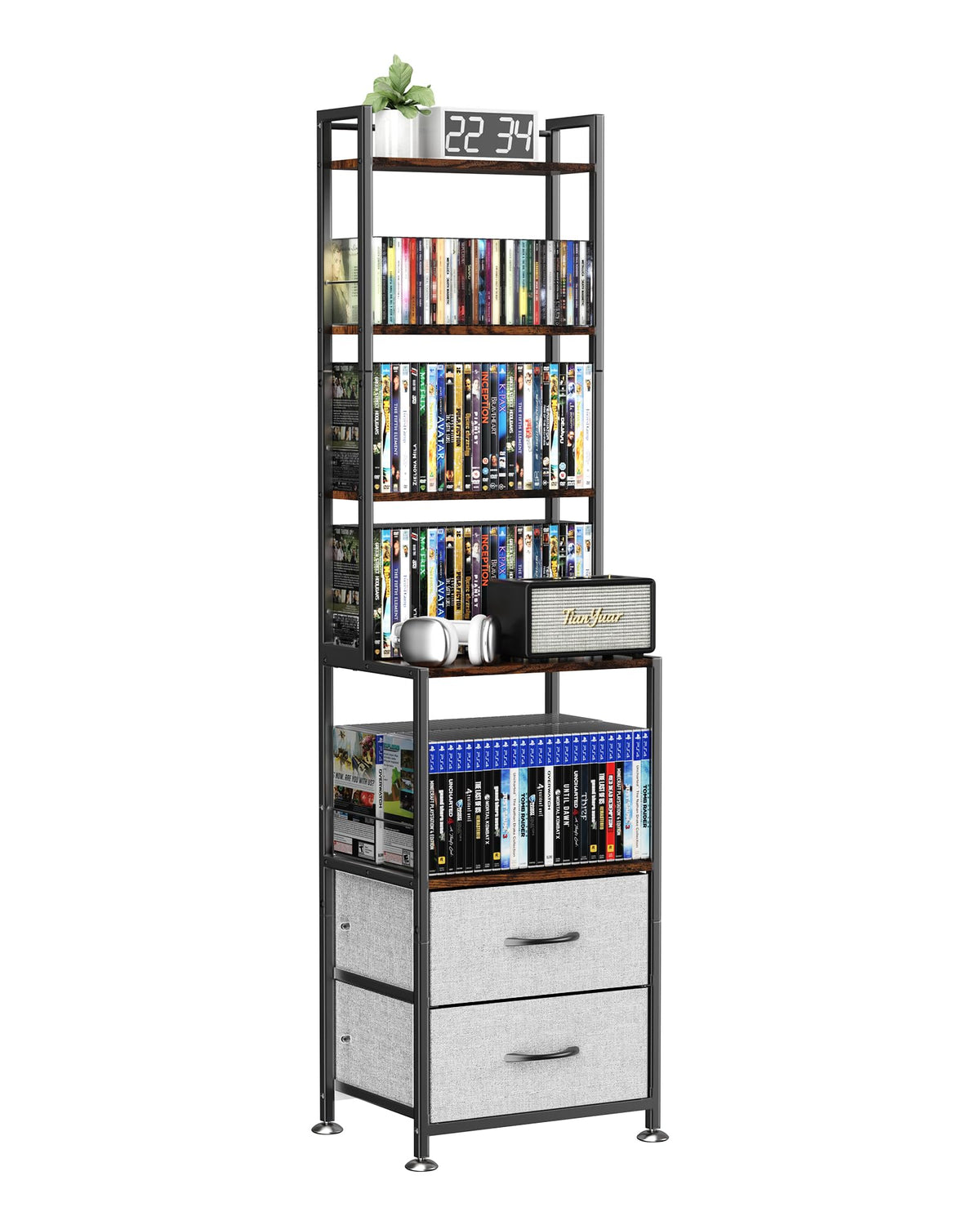 PAPAGIFTREE 7-tier DVD storage front view highlights sturdy metal frame and wood shelves.
