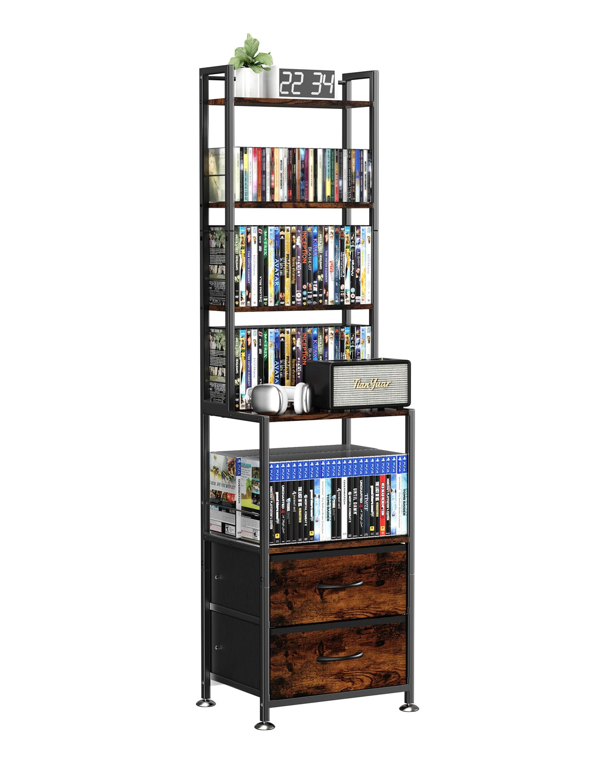 PAPAGIFTREE CD rack with two fabric drawers provides durable storage.