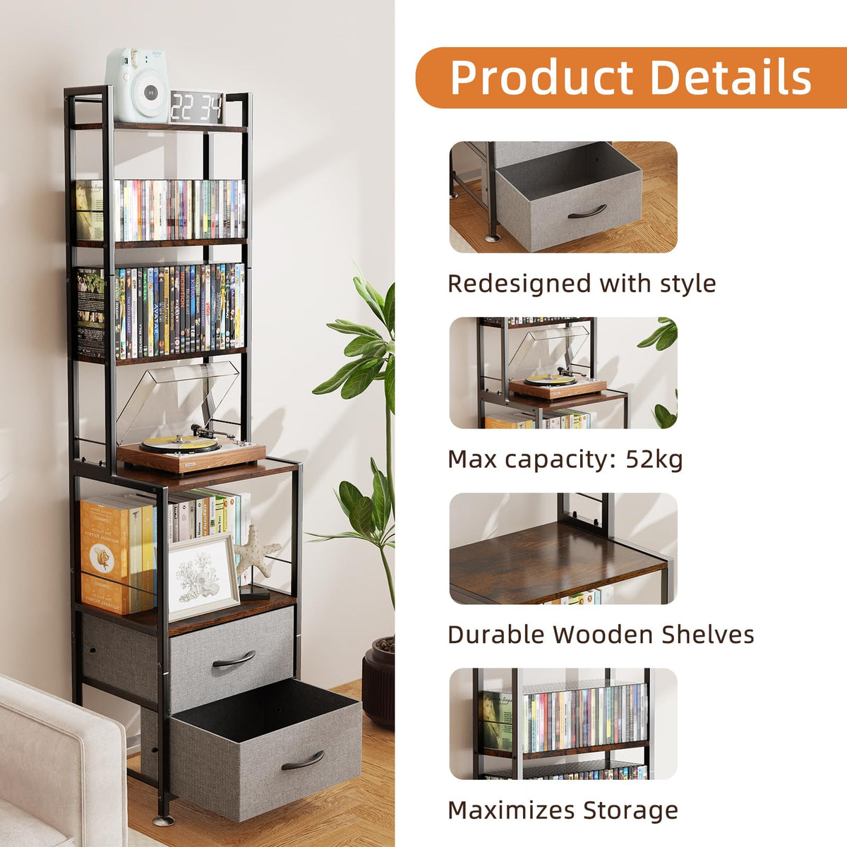 PAPAGIFTREE fabric wood grain texture drawer adds stylish media organization.